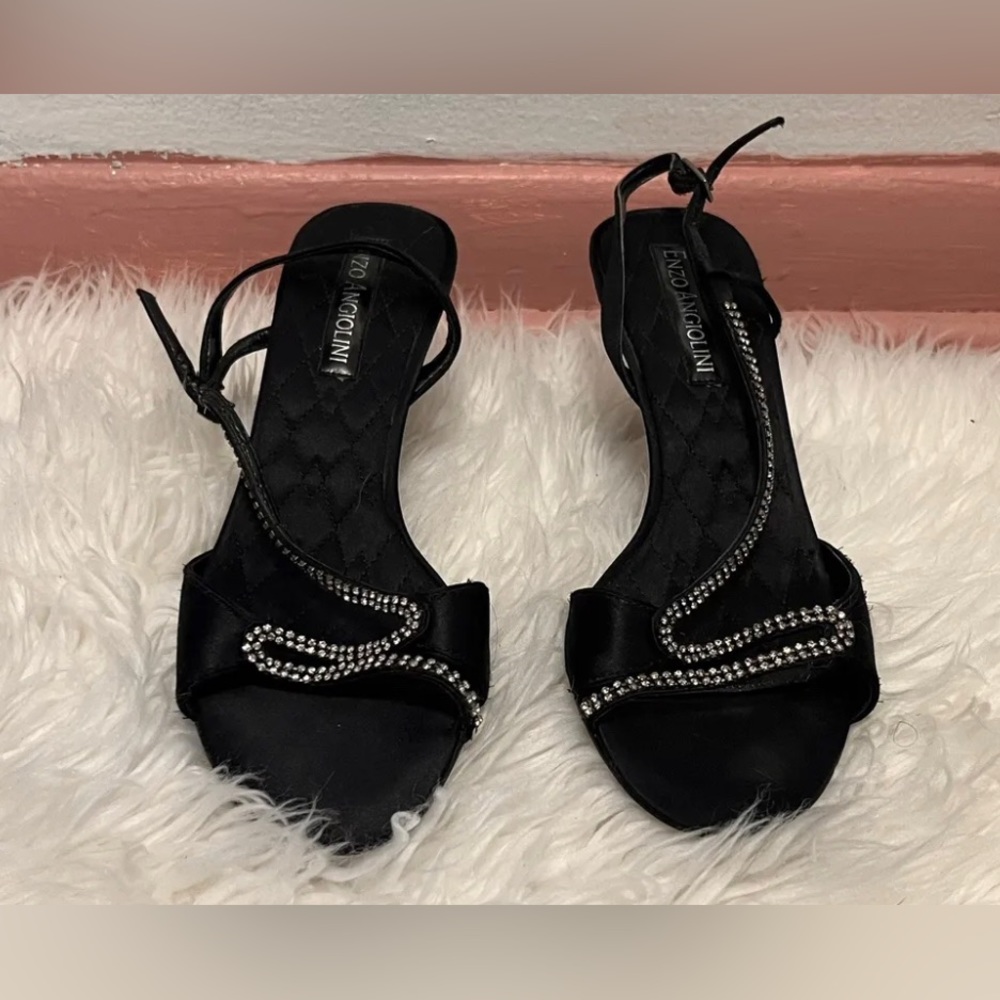 VINTAGE Enzo Angiolini Leather 6 Black Rhinestone Strappy Heels ￼￼￼Stiletto